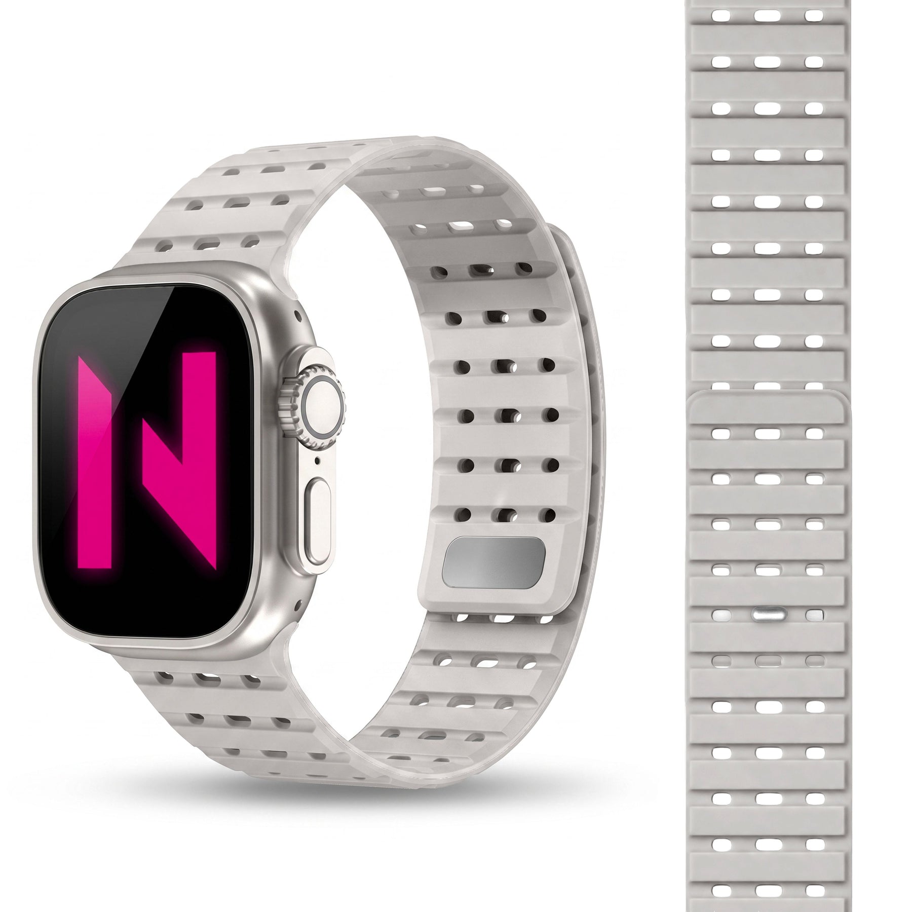 NALIA Volt Magnet Armband kompatibel mit Apple Watch Armband iWatch Series Ultra/SE/10/9/8/7/6/5/4/3/2/1, 42/44/45/49mm, Silikon Band Loop Sportarmband mit Steck-Pin Verschluss Polarstern Sandweiss NALIA Silikon Armband