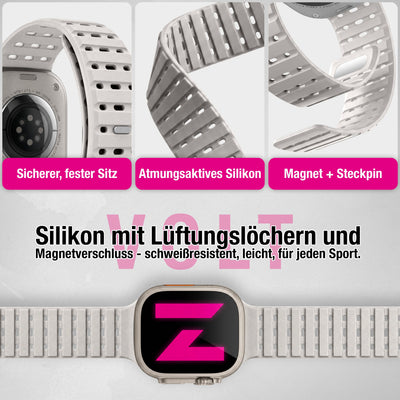 NALIA Volt Magnet Armband kompatibel mit Apple Watch Armband iWatch Series Ultra/SE/10/9/8/7/6/5/4/3/2/1, 42/44/45/49mm, Silikon Band Loop Sportarmband mit Steck-Pin Verschluss Polarstern Sandweiss NALIA Silikon Armband