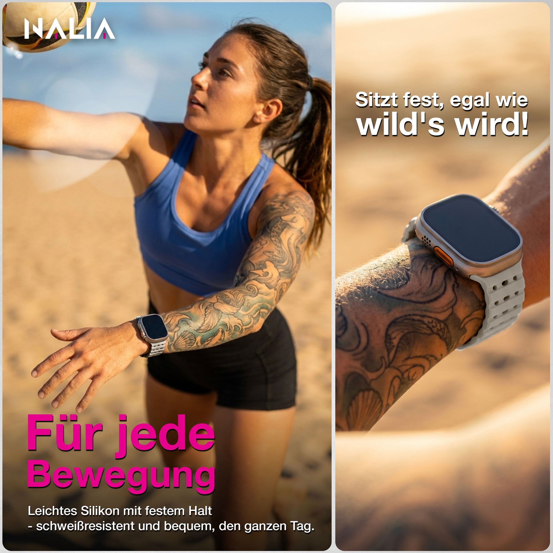 NALIA Volt Magnet Armband kompatibel mit Apple Watch Armband iWatch Series Ultra/SE/10/9/8/7/6/5/4/3/2/1, 42/44/45/49mm, Silikon Band Loop Sportarmband mit Steck-Pin Verschluss Polarstern Sandweiss NALIA Silikon Armband