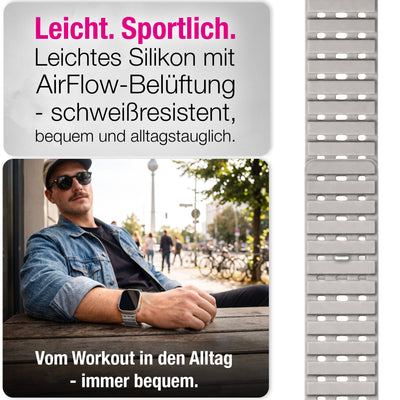 NALIA Volt Magnet Armband kompatibel mit Apple Watch Armband iWatch Series Ultra/SE/10/9/8/7/6/5/4/3/2/1, 42/44/45/49mm, Silikon Band Loop Sportarmband mit Steck-Pin Verschluss Polarstern Sandweiss NALIA Silikon Armband