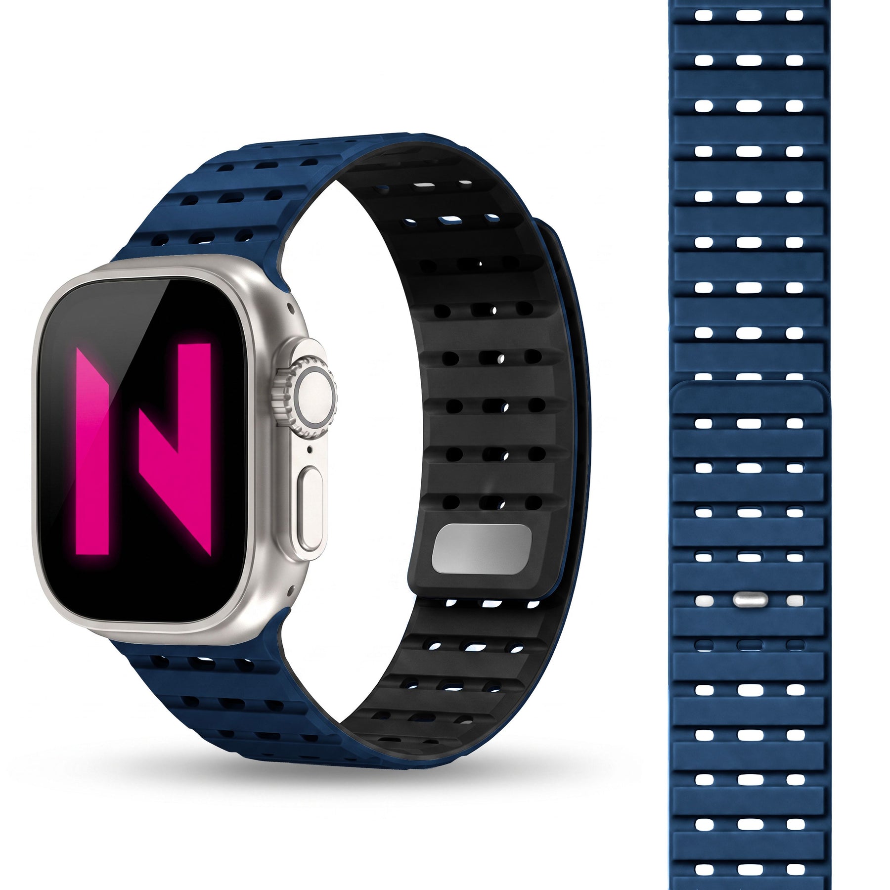 NALIA Volt Magnet Armband kompatibel mit Apple Watch Armband iWatch Series Ultra/SE/10/9/8/7/6/5/4/3/2/1, 42/44/45/49mm, Silikon Band Loop Sportarmband mit Steck-Pin Verschluss Ozeannacht NALIA Silikon Armband