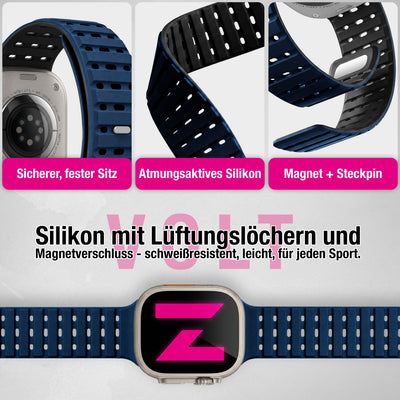 NALIA Volt Magnet Armband kompatibel mit Apple Watch Armband iWatch Series Ultra/SE/10/9/8/7/6/5/4/3/2/1, 42/44/45/49mm, Silikon Band Loop Sportarmband mit Steck-Pin Verschluss Ozeannacht NALIA Silikon Armband