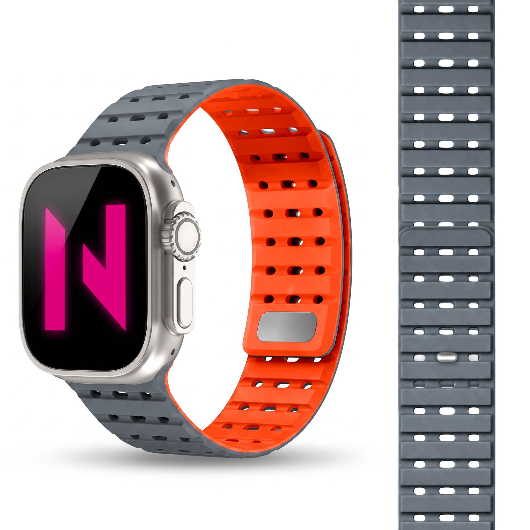 NALIA Volt Magnet Armband kompatibel mit Apple Watch Armband iWatch Series Ultra/SE/10/9/8/7/6/5/4/3/2/1, 42/44/45/49mm, Silikon Band Loop Sportarmband mit Steck-Pin Verschluss Vulkanasche NALIA Silikon Armband