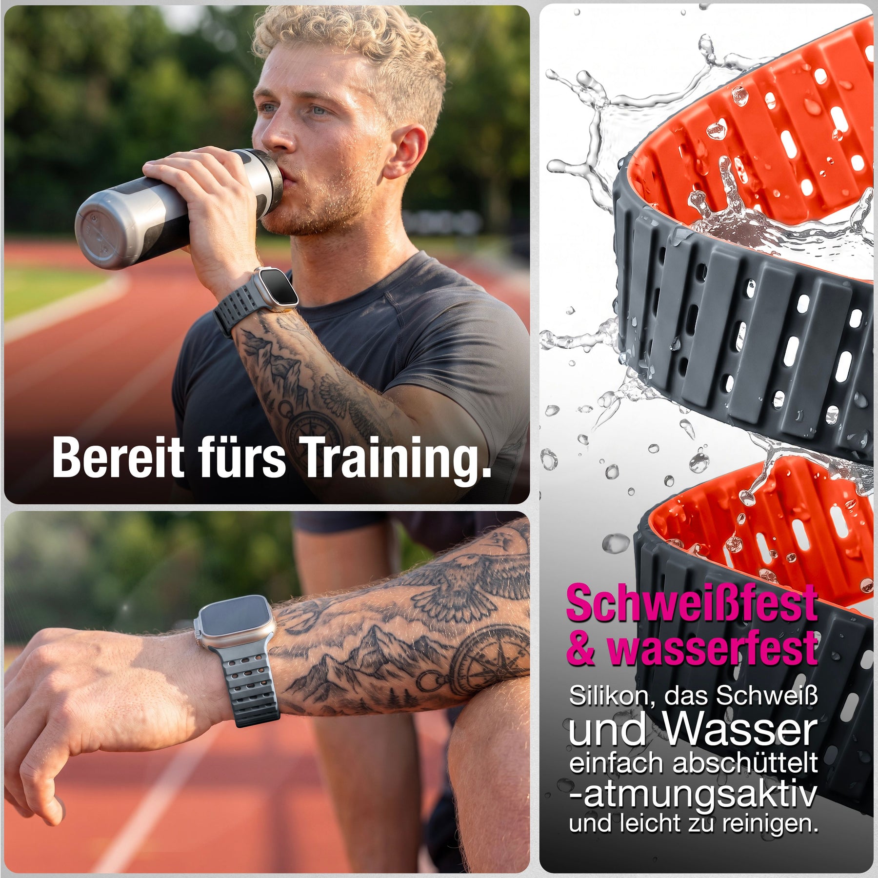 NALIA Volt Magnet Armband kompatibel mit Apple Watch Armband iWatch Series Ultra/SE/10/9/8/7/6/5/4/3/2/1, 42/44/45/49mm, Silikon Band Loop Sportarmband mit Steck-Pin Verschluss Vulkanasche NALIA Silikon Armband