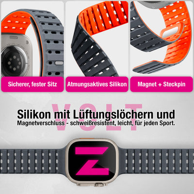 NALIA Volt Magnet Armband kompatibel mit Apple Watch Armband iWatch Series Ultra/SE/10/9/8/7/6/5/4/3/2/1, 42/44/45/49mm, Silikon Band Loop Sportarmband mit Steck-Pin Verschluss Vulkanasche NALIA Silikon Armband