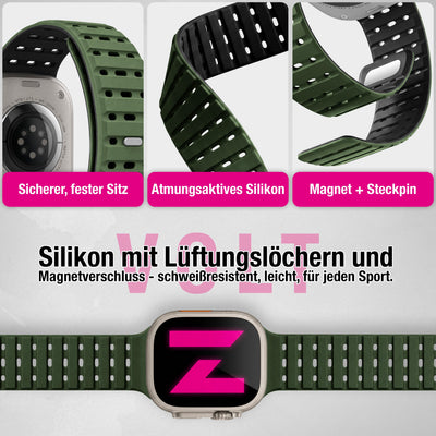 NALIA Volt Magnet Armband kompatibel mit Apple Watch Armband iWatch Series Ultra/SE/10/9/8/7/6/5/4/3/2/1, 42/44/45/49mm, Silikon Band Loop Sportarmband mit Steck-Pin Verschluss Waldgrün NALIA Silikon Armband