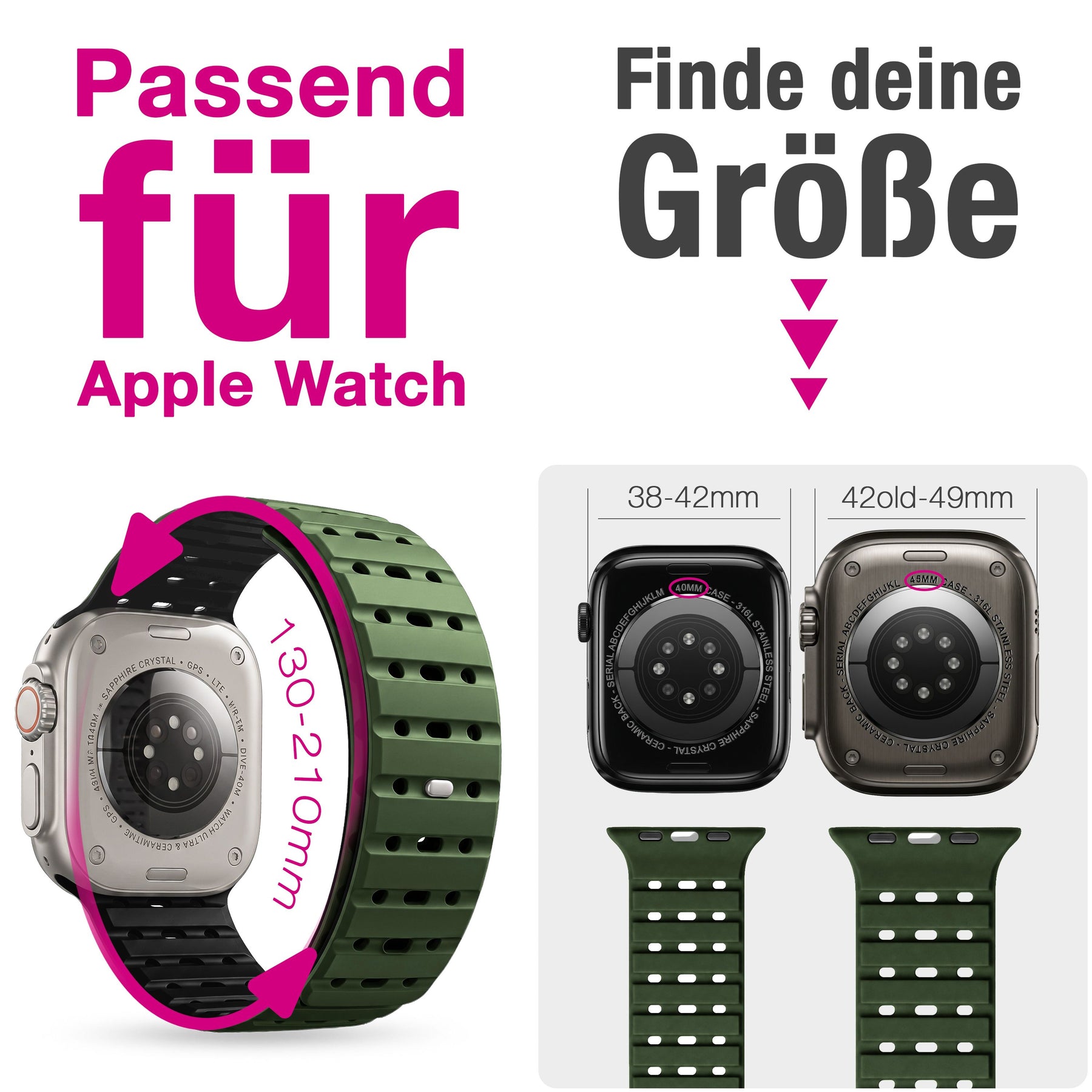 NALIA Volt Magnet Armband kompatibel mit Apple Watch Armband iWatch Series Ultra/SE/10/9/8/7/6/5/4/3/2/1, 42/44/45/49mm, Silikon Band Loop Sportarmband mit Steck-Pin Verschluss Waldgrün NALIA Silikon Armband