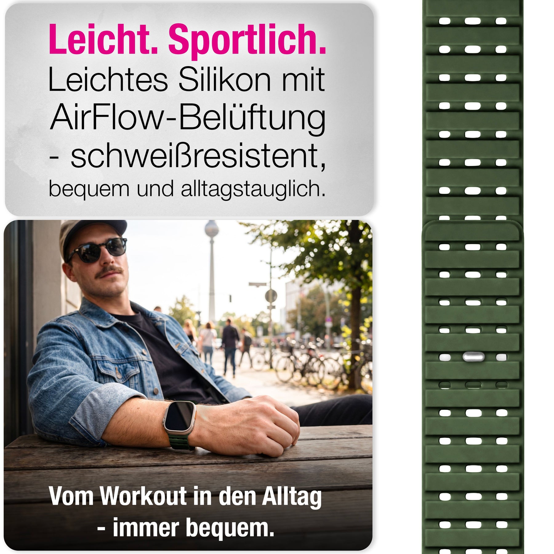 NALIA Volt Magnet Armband kompatibel mit Apple Watch Armband iWatch Series Ultra/SE/10/9/8/7/6/5/4/3/2/1, 42/44/45/49mm, Silikon Band Loop Sportarmband mit Steck-Pin Verschluss Waldgrün NALIA Silikon Armband