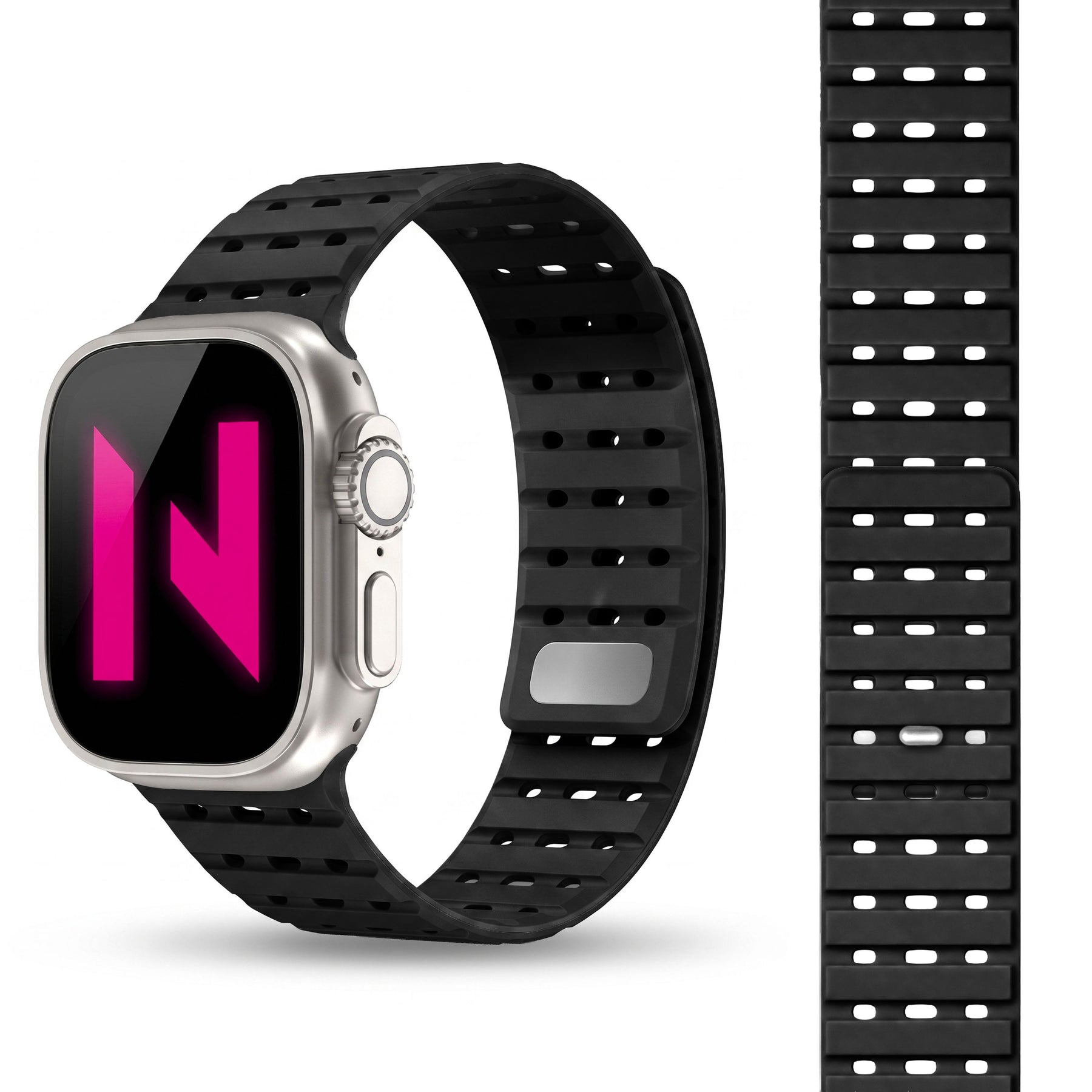 NALIA Volt Magnet Armband kompatibel mit Apple Watch Armband iWatch Series Ultra/SE/10/9/8/7/6/5/4/3/2/1, 42/44/45/49mm, Silikon Band Loop Sportarmband mit Steck-Pin Verschluss Nachtschwarz NALIA Silikon Armband