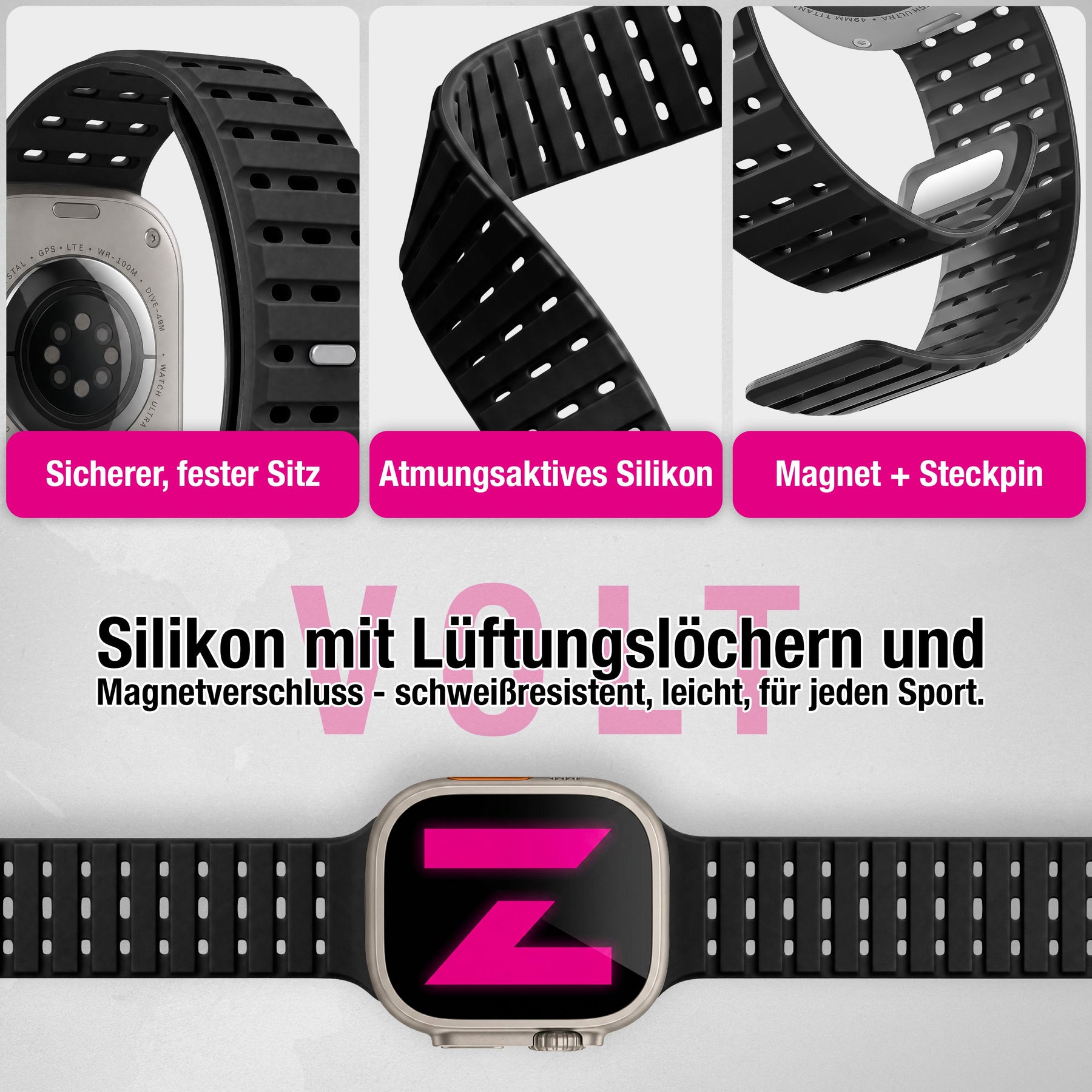 NALIA Volt Magnet Armband kompatibel mit Apple Watch Armband iWatch Series Ultra/SE/10/9/8/7/6/5/4/3/2/1, 42/44/45/49mm, Silikon Band Loop Sportarmband mit Steck-Pin Verschluss Nachtschwarz NALIA Silikon Armband