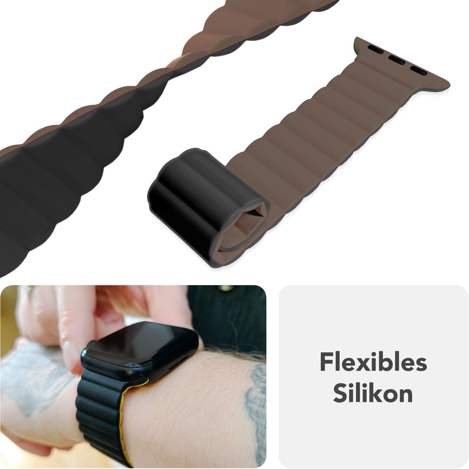 NALIA Core Armband für Apple Watch SE/10/9/8/7/6/5/4/3/2/1, Gehäusegröße 38/40/41/42mm, Atmungsaktives Silikon Magnet Loop Sportarmband mit Rillen Design Kakaotraum NALIA Silikon Armband