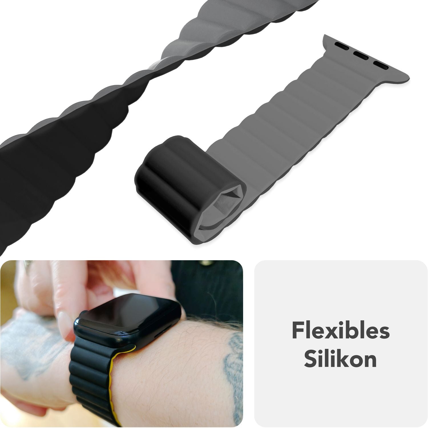 NALIA Core Armband für Apple Watch SE/10/9/8/7/6/5/4/3/2/1, Gehäusegröße 38/40/41/42mm, Atmungsaktives Silikon Magnet Loop Sportarmband mit Rillen Design Finstergrau NALIA Silikon Armband