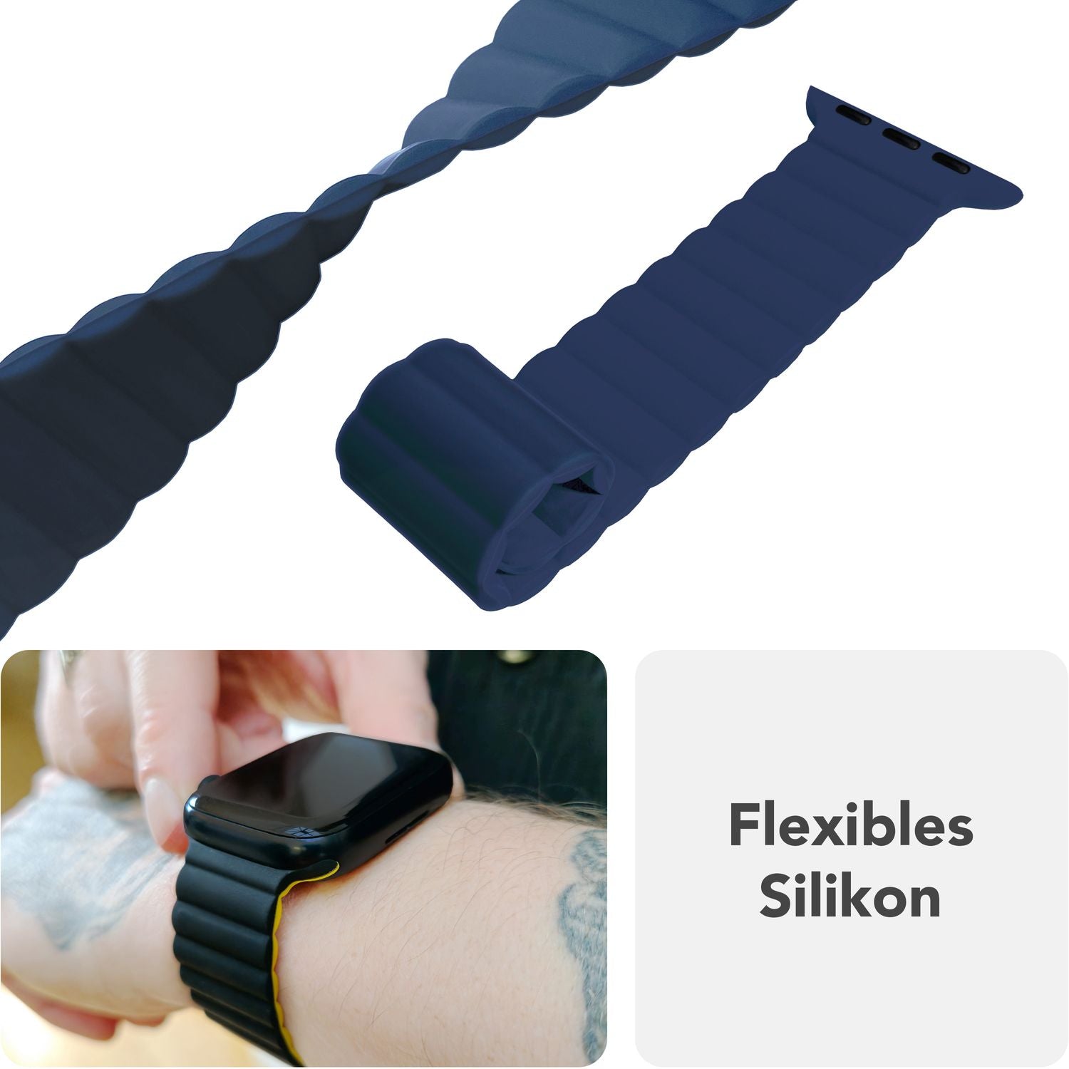 NALIA Core Armband für Apple Watch SE/10/9/8/7/6/5/4/3/2/1, Gehäusegröße 38/40/41/42mm, Atmungsaktives Silikon Magnet Loop Sportarmband mit Rillen Design Marineblau NALIA Silikon Armband