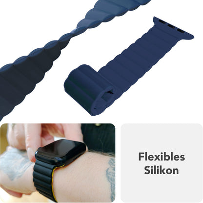 NALIA Core Armband für Apple Watch SE/10/9/8/7/6/5/4/3/2/1, Gehäusegröße 38/40/41/42mm, Atmungsaktives Silikon Magnet Loop Sportarmband mit Rillen Design Marineblau NALIA Silikon Armband