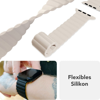 NALIA Core Armband für Apple Watch SE/10/9/8/7/6/5/4/3/2/1, Gehäusegröße 38/40/41/42mm, Atmungsaktives Silikon Magnet Loop Sportarmband mit Rillen Design Polarstern Sandweiss NALIA Silikon Armband