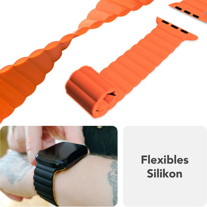 NALIA Core Armband für Apple Watch SE/10/9/8/7/6/5/4/3/2/1, Gehäusegröße 38/40/41/42mm, Atmungsaktives Silikon Magnet Loop Sportarmband mit Rillen Design Leuchtorange NALIA Silikon Armband