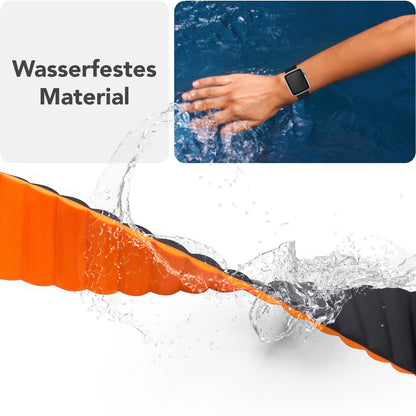 NALIA Core Armband für Apple Watch SE/10/9/8/7/6/5/4/3/2/1, Gehäusegröße 38/40/41/42mm, Atmungsaktives Silikon Magnet Loop Sportarmband mit Rillen Design Nachtschwarz Orange NALIA Silikon Armband