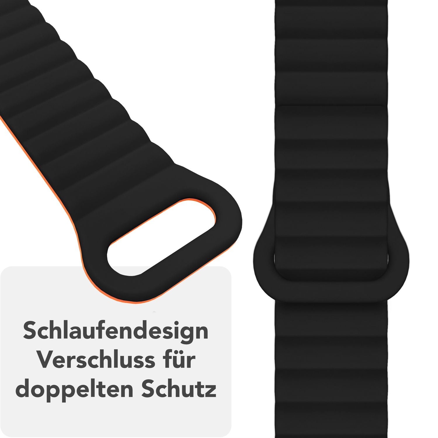 NALIA Core Armband für Apple Watch SE/10/9/8/7/6/5/4/3/2/1, Gehäusegröße 38/40/41/42mm, Atmungsaktives Silikon Magnet Loop Sportarmband mit Rillen Design Nachtschwarz Orange NALIA Silikon Armband