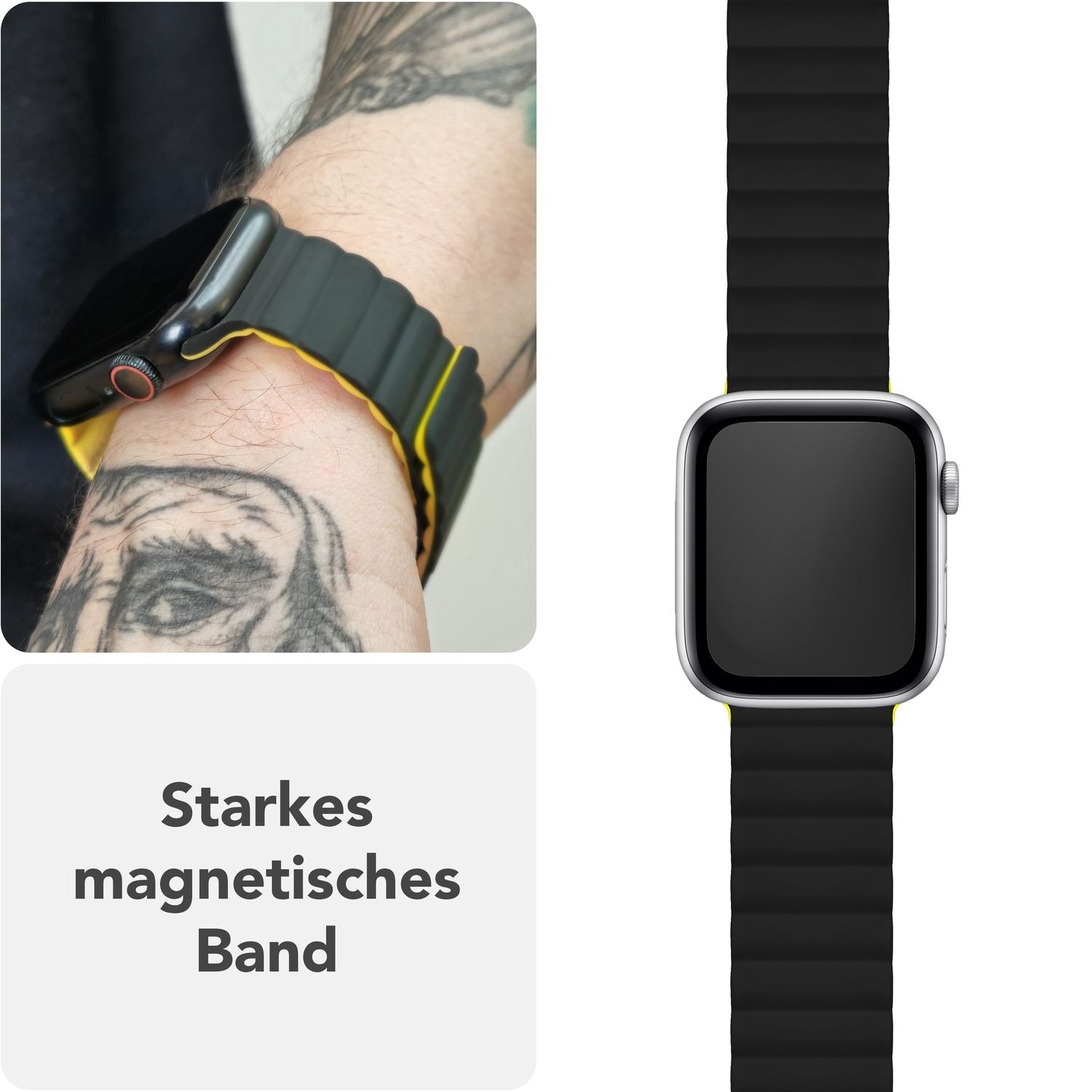 NALIA Core Armband für Apple Watch SE/10/9/8/7/6/5/4/3/2/1, Gehäusegröße 38/40/41/42mm, Atmungsaktives Silikon Magnet Loop Sportarmband mit Rillen Design Nachtschwarz Gelb NALIA Silikon Armband