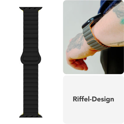 NALIA Core Armband für Apple Watch SE/10/9/8/7/6/5/4/3/2/1, Gehäusegröße 38/40/41/42mm, Atmungsaktives Silikon Magnet Loop Sportarmband mit Rillen Design Nachtschwarz Gelb NALIA Silikon Armband