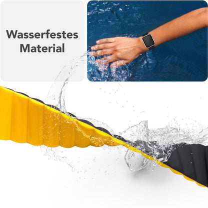 NALIA Core Armband für Apple Watch SE/10/9/8/7/6/5/4/3/2/1, Gehäusegröße 38/40/41/42mm, Atmungsaktives Silikon Magnet Loop Sportarmband mit Rillen Design Nachtschwarz Gelb NALIA Silikon Armband