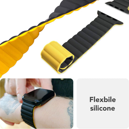 NALIA Core Armband für Apple Watch SE/10/9/8/7/6/5/4/3/2/1, Gehäusegröße 38/40/41/42mm, Atmungsaktives Silikon Magnet Loop Sportarmband mit Rillen Design Nachtschwarz Gelb NALIA Silikon Armband