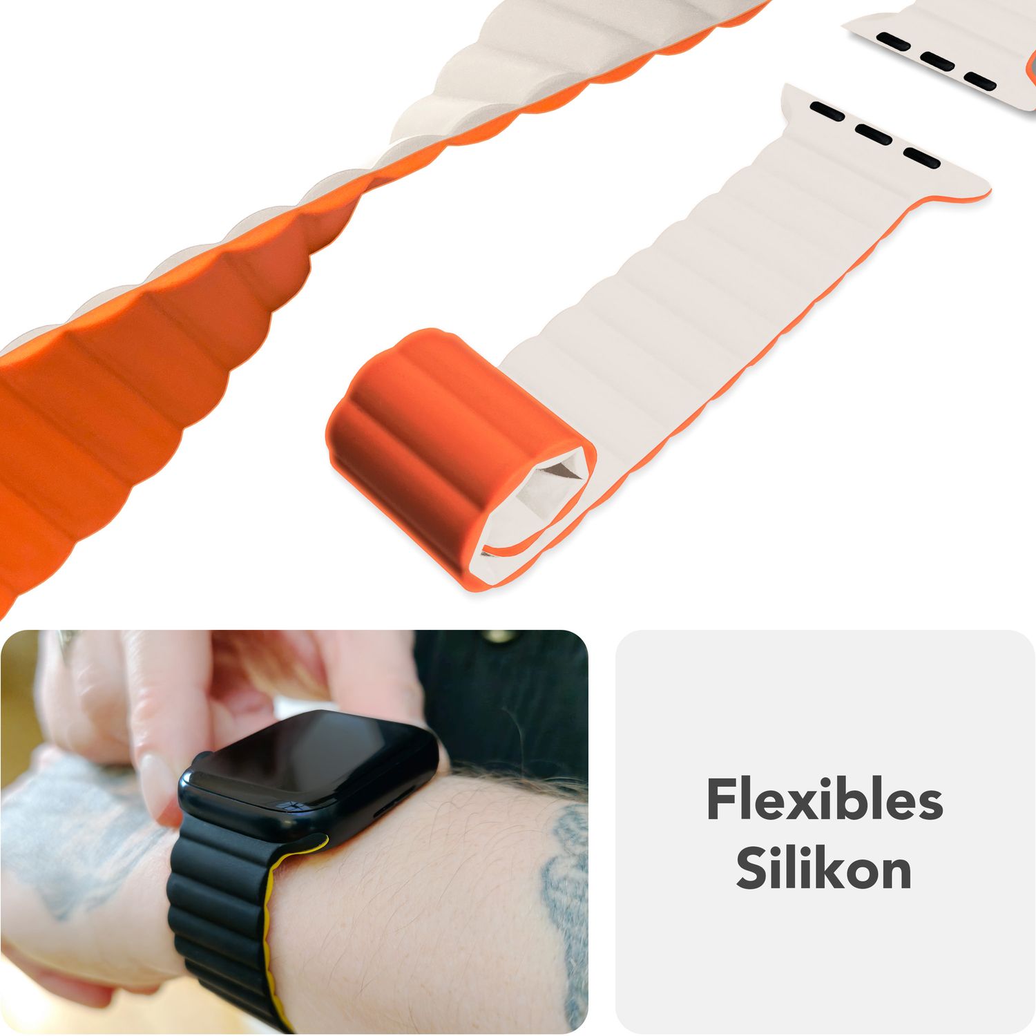 NALIA Core Armband für Apple Watch SE/10/9/8/7/6/5/4/3/2/1, Gehäusegröße 38/40/41/42mm, Atmungsaktives Silikon Magnet Loop Sportarmband mit Rillen Design Polarstern Orange NALIA Silikon Armband