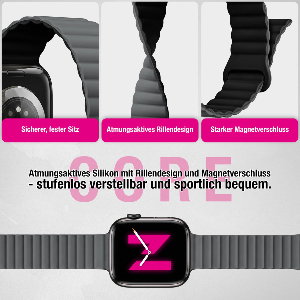 NALIA Core Magnet Armband kompatibel mit Apple Watch SE & iWatch Series 10 9 8 7 6 5 4 3 2 1, 38/40/41/42mm, Atmungsaktives Silikon Loop, Sportarmband mit Rillen Design Finstergrau NALIA Silikon Armband