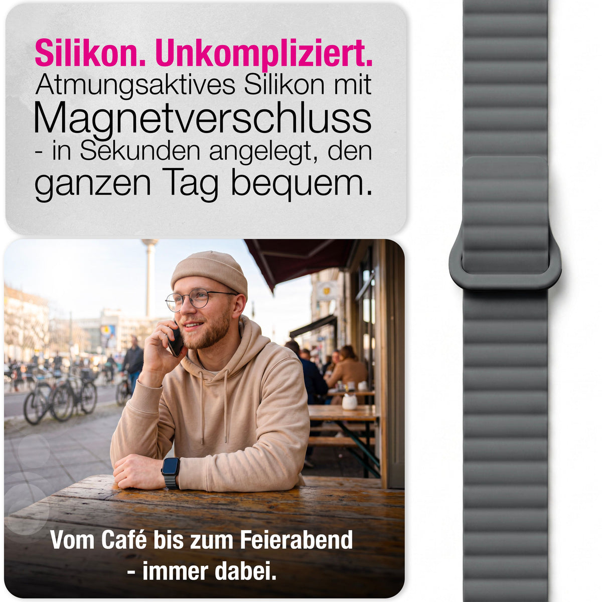 NALIA Core Magnet Armband kompatibel mit Apple Watch SE & iWatch Series 10 9 8 7 6 5 4 3 2 1, 38/40/41/42mm, Atmungsaktives Silikon Loop, Sportarmband mit Rillen Design Finstergrau NALIA Silikon Armband
