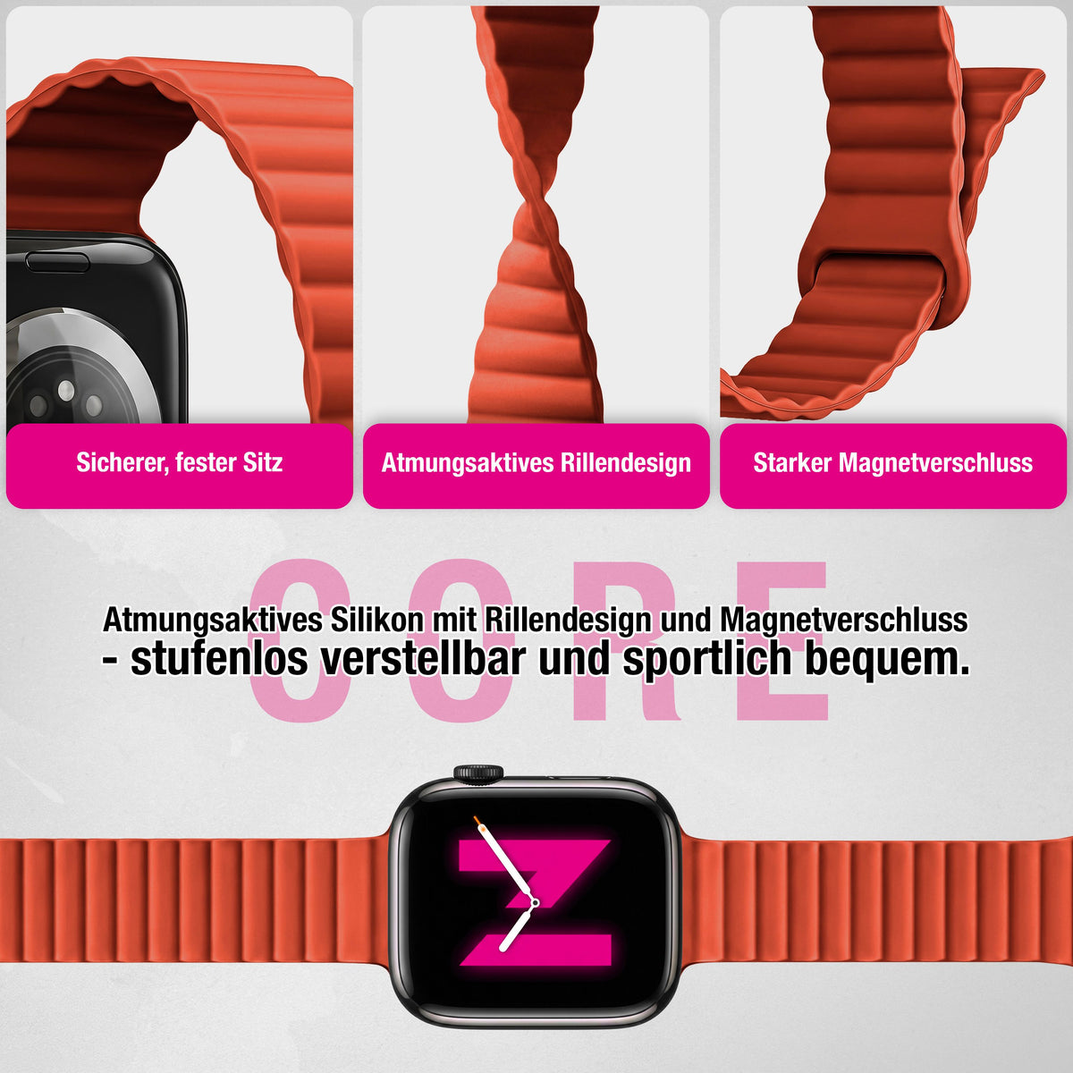 NALIA Core Magnet Armband kompatibel mit Apple Watch SE & iWatch Series 10 9 8 7 6 5 4 3 2 1, 38/40/41/42mm, Atmungsaktives Silikon Loop, Sportarmband mit Rillen Design Leuchtorange NALIA Silikon Armband