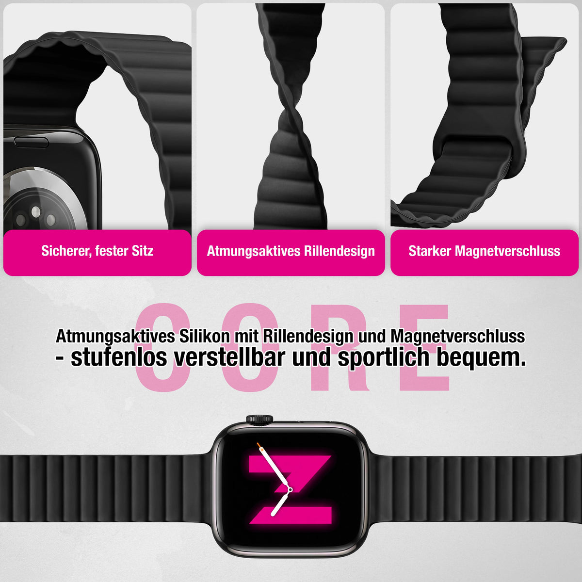 NALIA Core Magnet Armband kompatibel mit Apple Watch SE & iWatch Series 10 9 8 7 6 5 4 3 2 1, 38/40/41/42mm, Atmungsaktives Silikon Loop, Sportarmband mit Rillen Design Nachtschwarz NALIA Silikon Armband