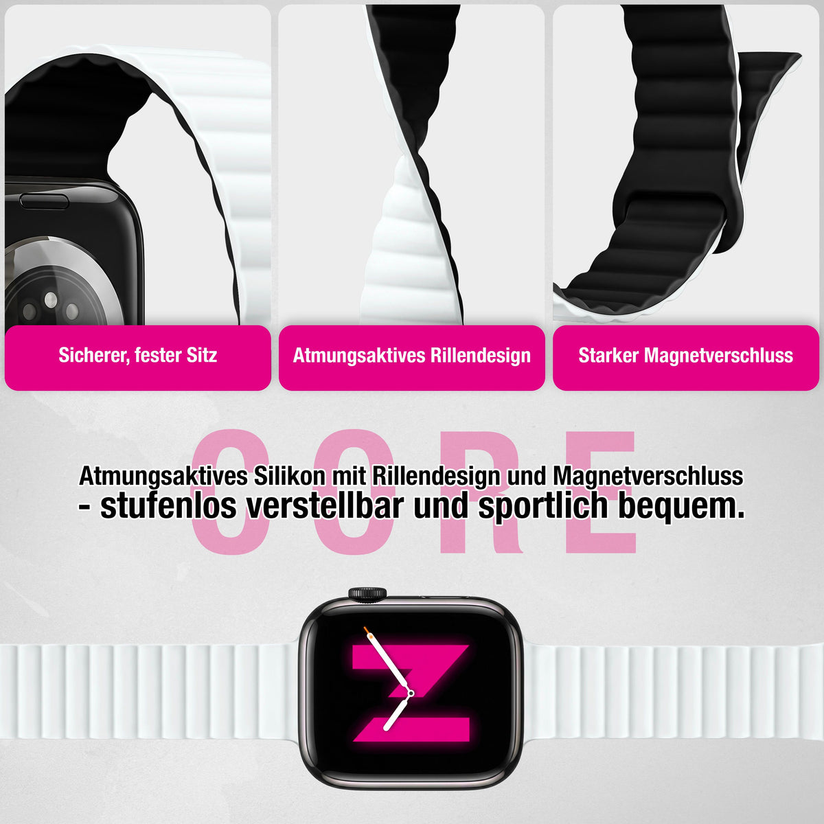 NALIA Core Magnet Armband kompatibel mit Apple Watch SE & iWatch Series 10 9 8 7 6 5 4 3 2 1, 38/40/41/42mm, Atmungsaktives Silikon Loop, Sportarmband mit Rillen Design Schneeweiss NALIA Silikon Armband