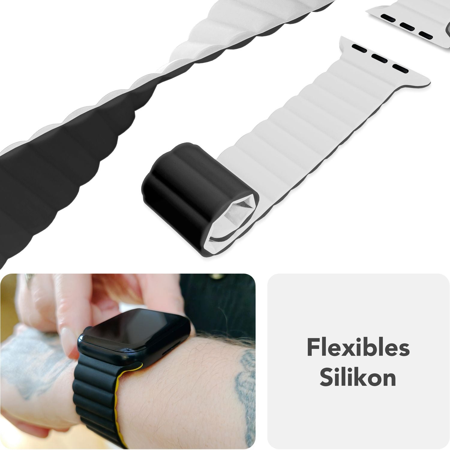 NALIA Core Armband für Apple Watch Ultra/SE/10/9/8/7/6/5/4/3/2/1, Gehäusegröße 42/44/45/46/49mm, Atmungsaktives Silikon Magnet Sportarmband mit Rillen Design Schneeweiss NALIA Silikon Armband