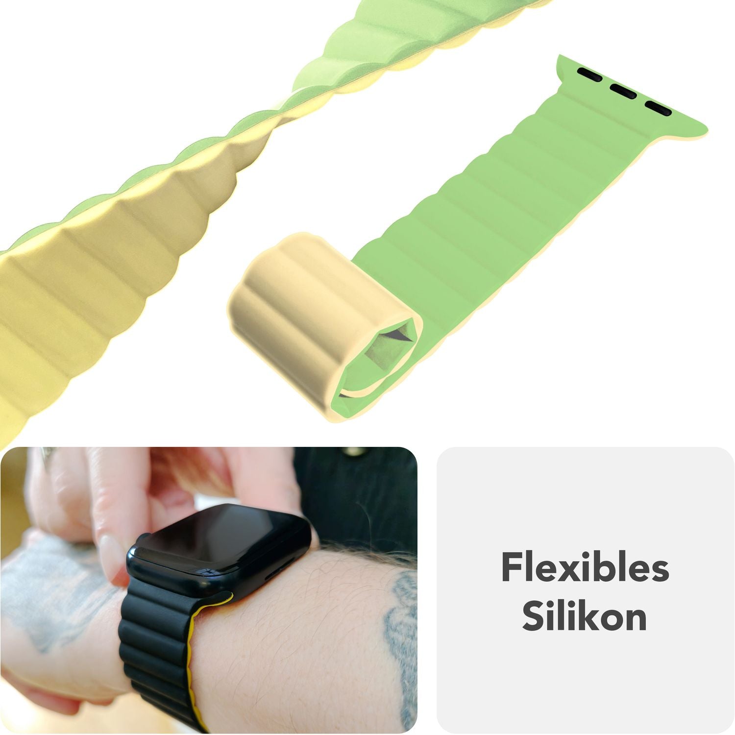 NALIA Core Armband für Apple Watch Ultra/SE/10/9/8/7/6/5/4/3/2/1, Gehäusegröße 42/44/45/46/49mm, Atmungsaktives Silikon Magnet Sportarmband mit Rillen Design Zitronenwald NALIA Silikon Armband