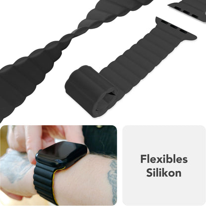 NALIA Core Armband für Apple Watch Ultra/SE/10/9/8/7/6/5/4/3/2/1, Gehäusegröße 42/44/45/46/49mm, Atmungsaktives Silikon Magnet Sportarmband mit Rillen Design Nachtschwarz NALIA Silikon Armband