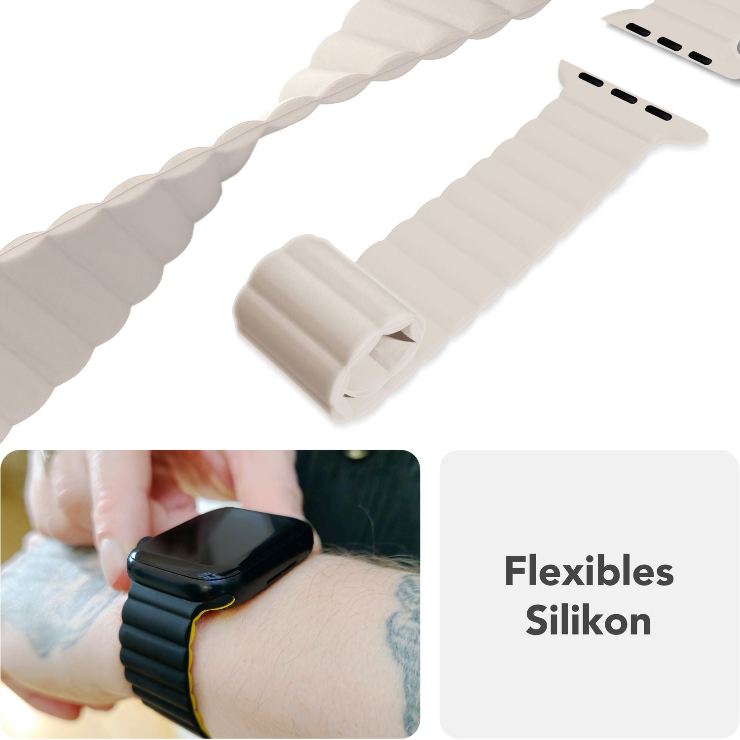 NALIA Core Armband für Apple Watch Ultra/SE/10/9/8/7/6/5/4/3/2/1, Gehäusegröße 42/44/45/46/49mm, Atmungsaktives Silikon Magnet Sportarmband mit Rillen Design Polarstern Sandweiss NALIA Silikon Armband