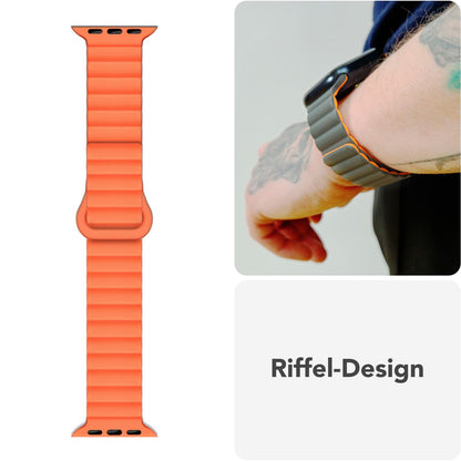 NALIA Core Armband für Apple Watch Ultra/SE/10/9/8/7/6/5/4/3/2/1, Gehäusegröße 42/44/45/46/49mm, Atmungsaktives Silikon Magnet Sportarmband mit Rillen Design Leuchtorange NALIA Silikon Armband
