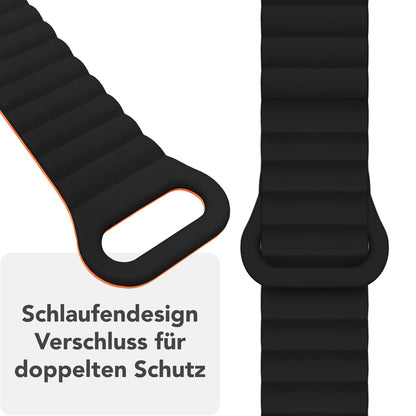 NALIA Core Armband für Apple Watch Ultra/SE/10/9/8/7/6/5/4/3/2/1, Gehäusegröße 42/44/45/46/49mm, Atmungsaktives Silikon Magnet Sportarmband mit Rillen Design Nachtschwarz Orange NALIA Silikon Armband