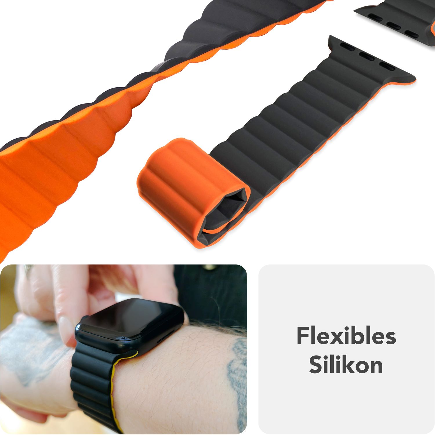 NALIA Core Armband für Apple Watch Ultra/SE/10/9/8/7/6/5/4/3/2/1, Gehäusegröße 42/44/45/46/49mm, Atmungsaktives Silikon Magnet Sportarmband mit Rillen Design Nachtschwarz Orange NALIA Silikon Armband