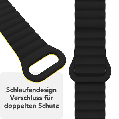 NALIA Core Armband für Apple Watch Ultra/SE/10/9/8/7/6/5/4/3/2/1, Gehäusegröße 42/44/45/46/49mm, Atmungsaktives Silikon Magnet Sportarmband mit Rillen Design Nachtschwarz Gelb NALIA Silikon Armband