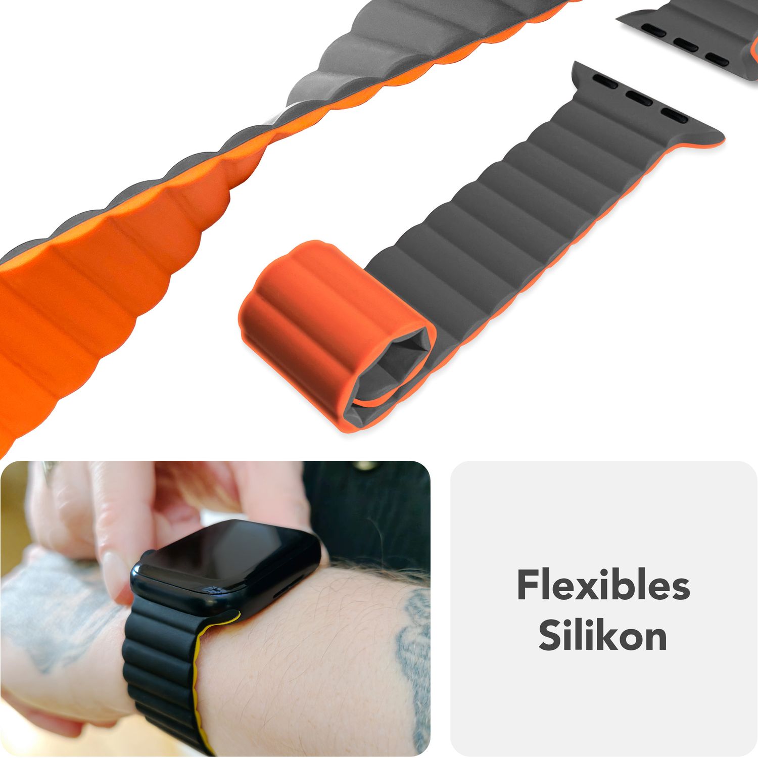 NALIA Core Armband für Apple Watch Ultra/SE/10/9/8/7/6/5/4/3/2/1, Gehäusegröße 42/44/45/46/49mm, Atmungsaktives Silikon Magnet Sportarmband mit Rillen Design Vulkangrau NALIA Silikon Armband