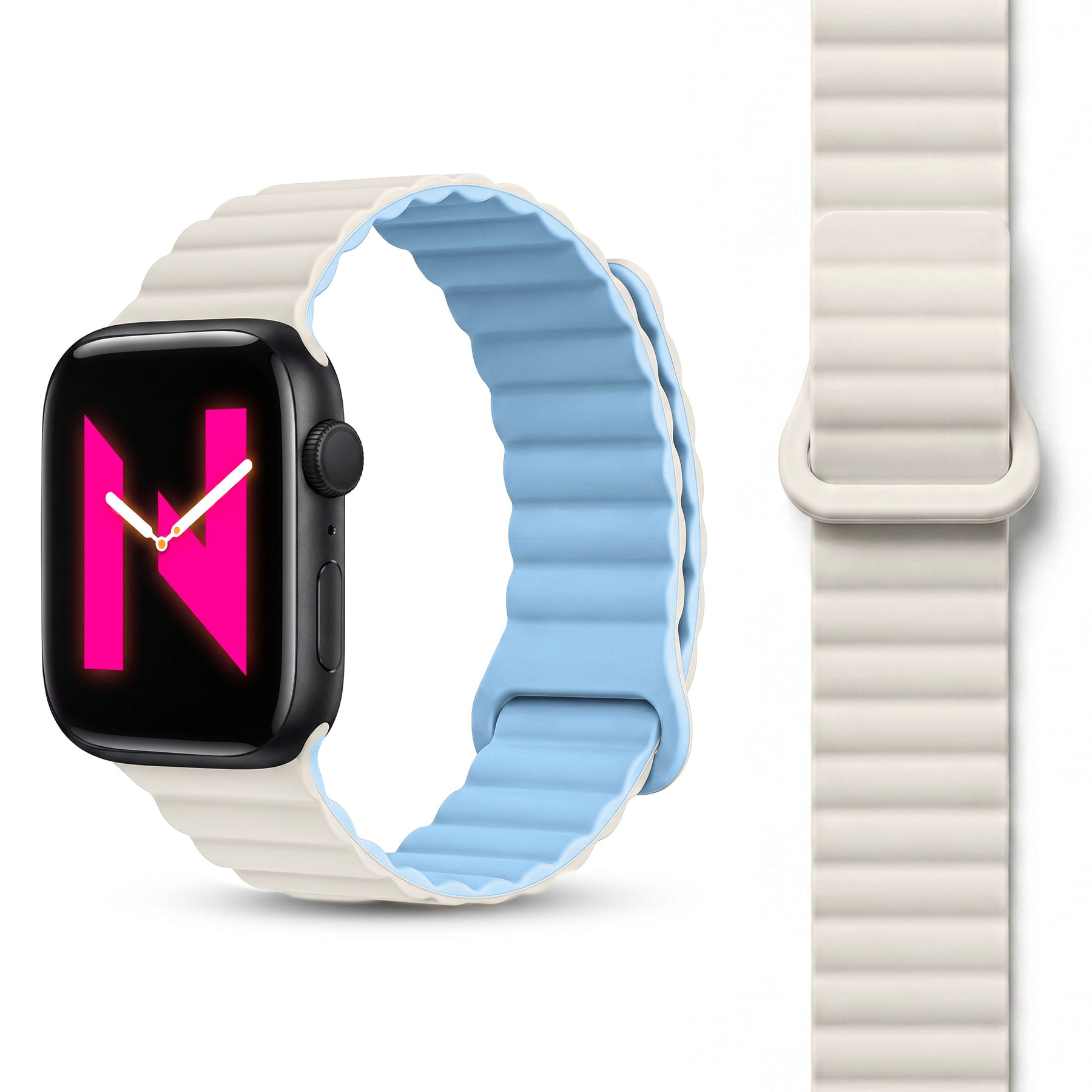NALIA Core Magnet Armband kompatibel mit Apple Watch Series Ultra/SE/10/9/8/7/6/5/4/3/2/1 – 42/44/45/46/49mm, Atmungsaktives Silikon Loop, Sportarmband mit Rillendesign Eisnebelblau NALIA Silikon Armband