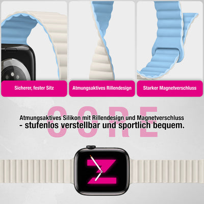 NALIA Core Magnet Armband kompatibel mit Apple Watch Series Ultra/SE/10/9/8/7/6/5/4/3/2/1 – 42/44/45/46/49mm, Atmungsaktives Silikon Loop, Sportarmband mit Rillendesign Eisnebelblau NALIA Silikon Armband
