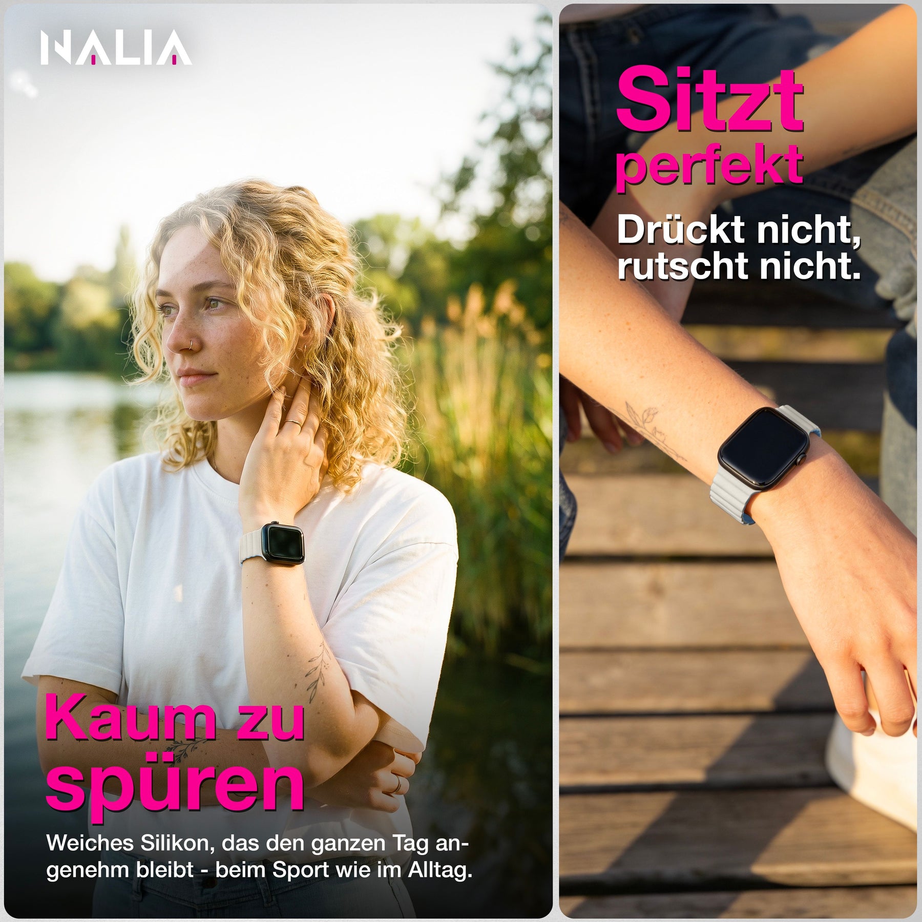 NALIA Core Magnet Armband kompatibel mit Apple Watch Series Ultra/SE/10/9/8/7/6/5/4/3/2/1 – 42/44/45/46/49mm, Atmungsaktives Silikon Loop, Sportarmband mit Rillendesign Eisnebelblau NALIA Silikon Armband