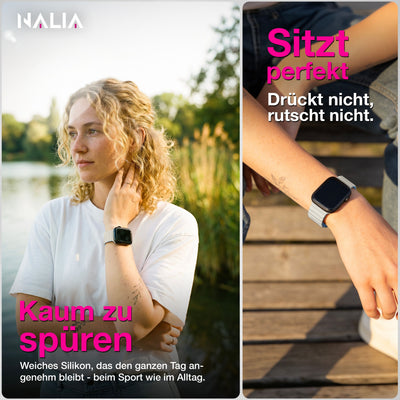 NALIA Core Magnet Armband kompatibel mit Apple Watch Series Ultra/SE/10/9/8/7/6/5/4/3/2/1 – 42/44/45/46/49mm, Atmungsaktives Silikon Loop, Sportarmband mit Rillendesign Eisnebelblau NALIA Silikon Armband
