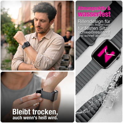 NALIA Core Magnet Armband kompatibel mit Apple Watch Series Ultra/SE/10/9/8/7/6/5/4/3/2/1 – 42/44/45/46/49mm, Atmungsaktives Silikon Loop, Sportarmband mit Rillendesign Finstergrau NALIA Silikon Armband