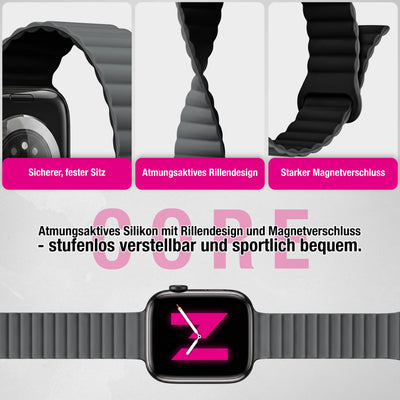 NALIA Core Magnet Armband kompatibel mit Apple Watch Series Ultra/SE/10/9/8/7/6/5/4/3/2/1 – 42/44/45/46/49mm, Atmungsaktives Silikon Loop, Sportarmband mit Rillendesign Finstergrau NALIA Silikon Armband