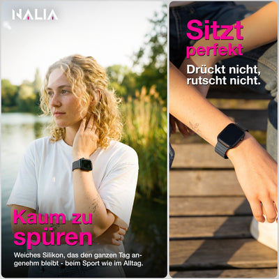 NALIA Core Magnet Armband kompatibel mit Apple Watch Series Ultra/SE/10/9/8/7/6/5/4/3/2/1 – 42/44/45/46/49mm, Atmungsaktives Silikon Loop, Sportarmband mit Rillendesign Finstergrau NALIA Silikon Armband
