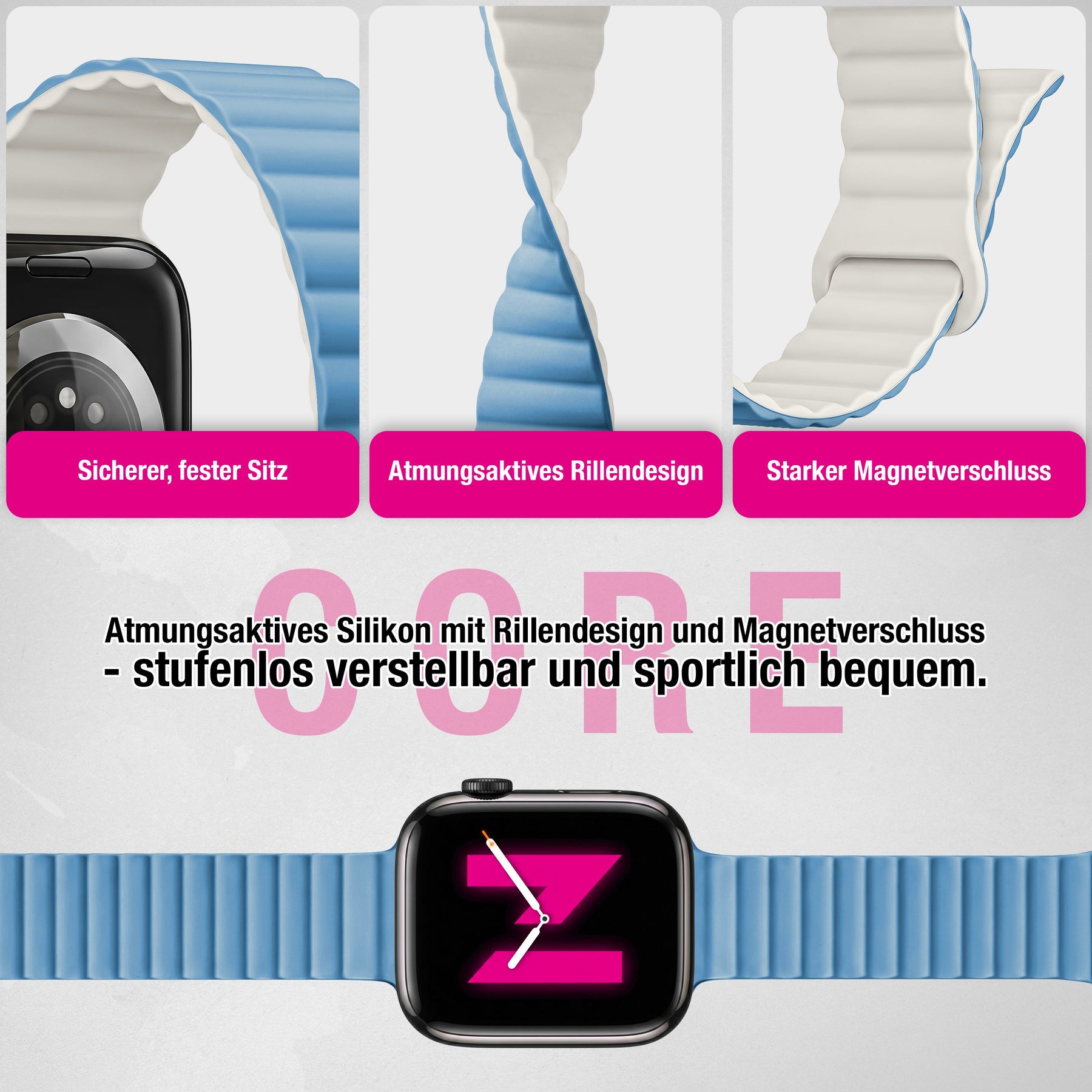 NALIA Core Magnet Armband kompatibel mit Apple Watch Series Ultra/SE/10/9/8/7/6/5/4/3/2/1 – 42/44/45/46/49mm, Atmungsaktives Silikon Loop, Sportarmband mit Rillendesign Froststern NALIA Silikon Armband