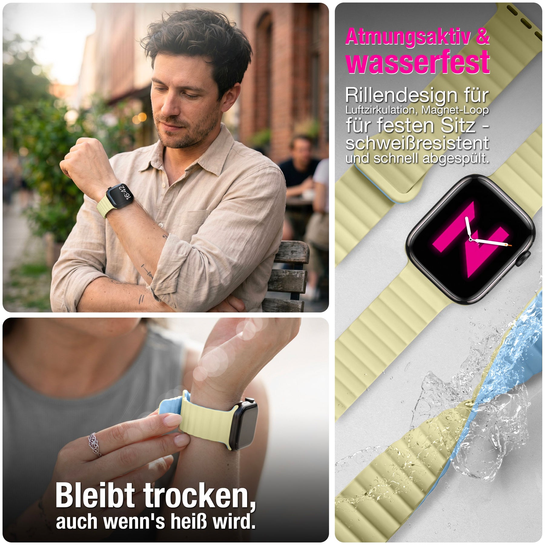 NALIA Core Magnet Armband kompatibel mit Apple Watch Series Ultra/SE/10/9/8/7/6/5/4/3/2/1 – 42/44/45/46/49mm, Atmungsaktives Silikon Loop, Sportarmband mit Rillendesign Honigtau NALIA Silikon Armband